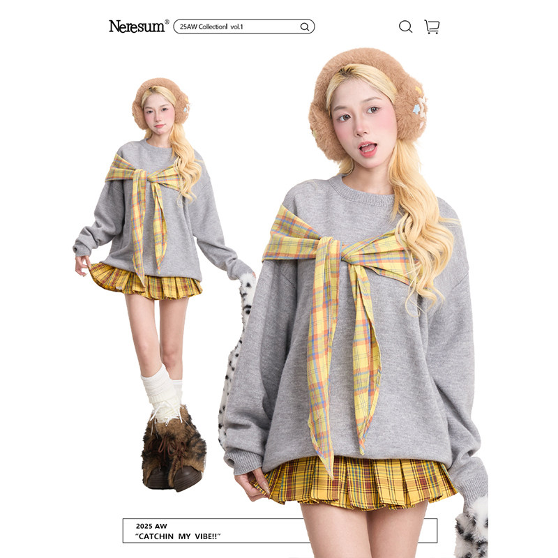 NERESUM复古格纹蝴蝶结绑带套头毛衣女美式慵懒风宽松长袖针织衫,女装/女士精品,毛衣,淘宝优惠券,粉丝福利购,淘宝优惠卷