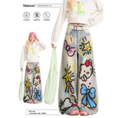 街头阔腿裤 高街解构直筒裤 女美式 NERESUM卡通涂鸦设计感牛仔裤