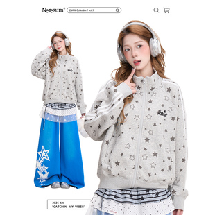 NERESUM美式 满印星星条纹立领卫衣女秋冬复古运动风显瘦百搭外套