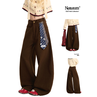 NERESUM秋冬弯刀工装裤女美式潮牌垂感阔腿裤新款宽松百搭休闲裤