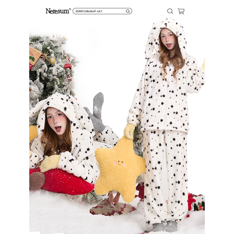 NERESUM星星满印兔耳连帽睡衣女冬季可爱慵懒加绒保暖家居服套装,女士内衣/男士内衣/家居服,睡衣/家居服套装,淘宝优惠券,粉丝福利购,淘宝优惠卷