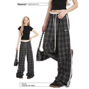 NERESUM复古格子裤女夏季设计感蕾丝拼接条纹直筒裤子垂感休闲裤