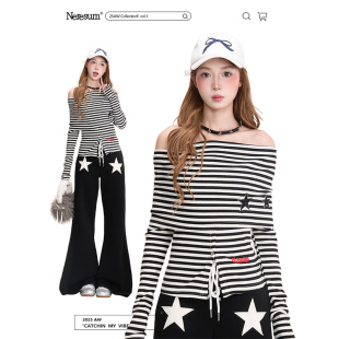 上衣 下摆开叉设计感美式 NERESUM甜辣条纹撞色一字领长袖 T恤女新款