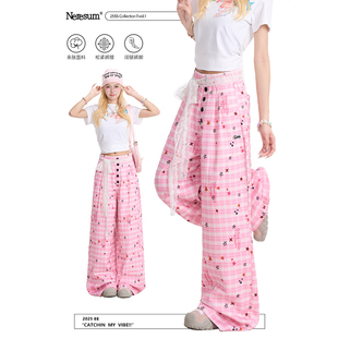 NERESUM满印趣味星星格纹纽扣休闲裤女夏季轻薄阔腿裤多巴胺裤子
