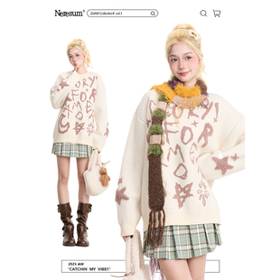 NERESUM美式 字母提花套头毛衣女秋冬复古慵懒百搭通勤针织上衣