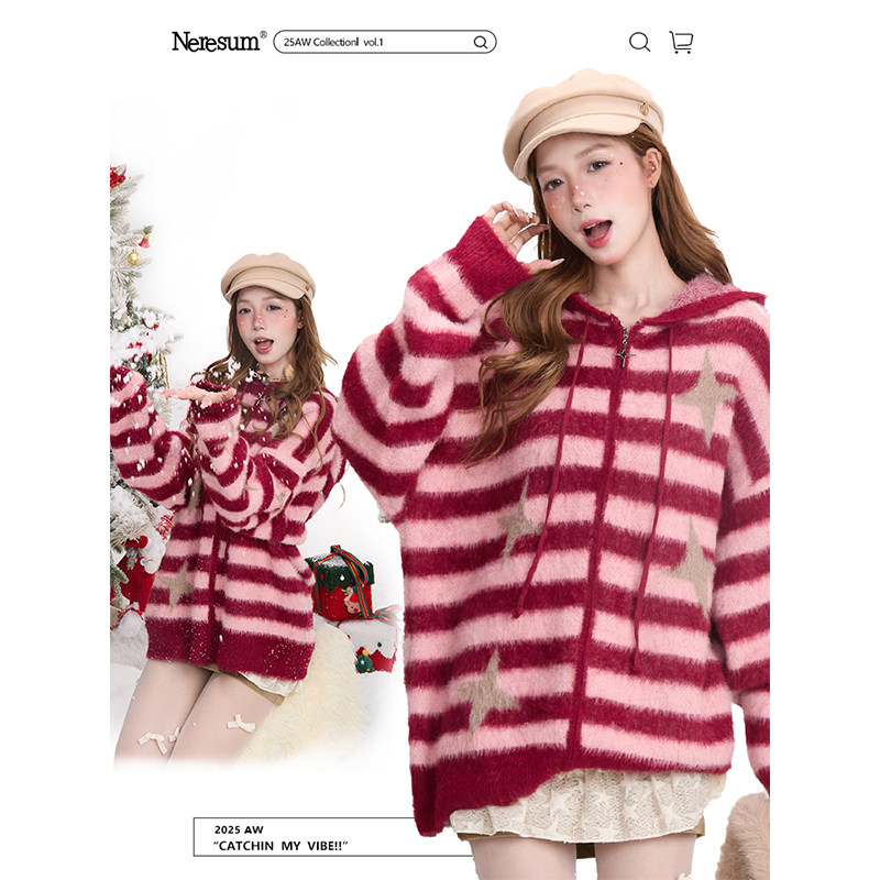 NERESUM甜美星星条纹仿马海毛开衫毛衣女秋冬软糯圣诞连帽针织衫,女装/女士精品,毛衣,淘宝优惠券,粉丝福利购,淘宝优惠卷