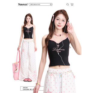 无袖 甜辣显瘦短款 上衣 字母刺绣条纹背心吊带女美式 NERESUM夏季