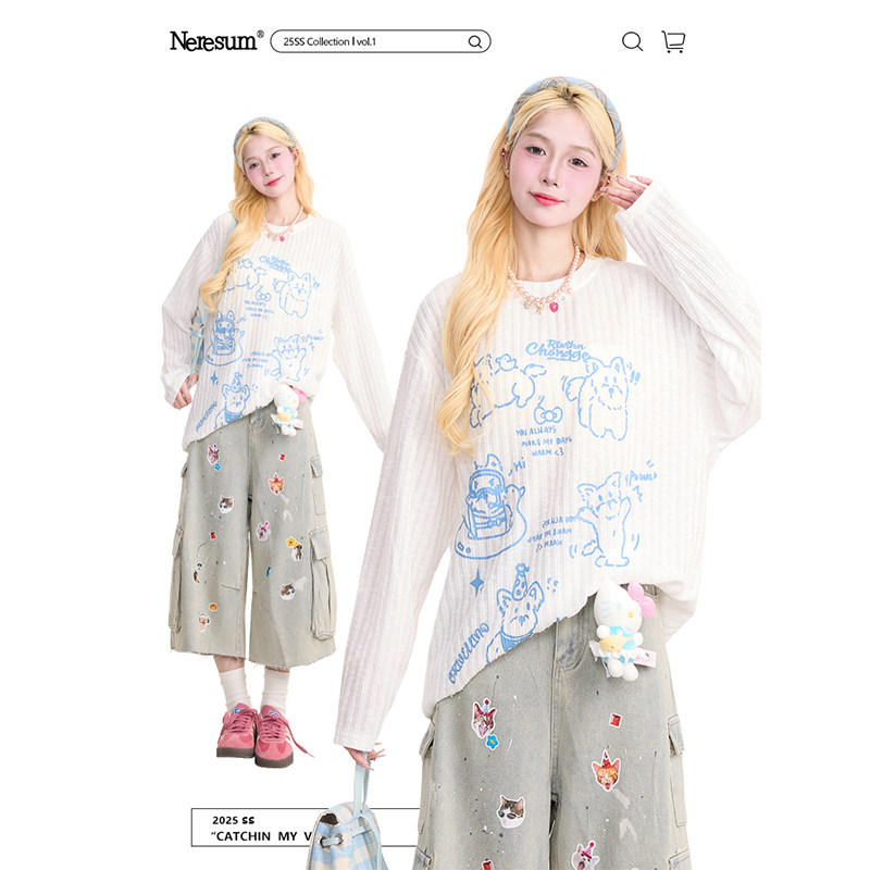 NERESUM趣味卡通印花薄款长袖T恤女夏季慵懒风防晒百搭宽松罩衫,女装/女士精品,T恤,淘宝优惠券,粉丝福利购,淘宝优惠卷