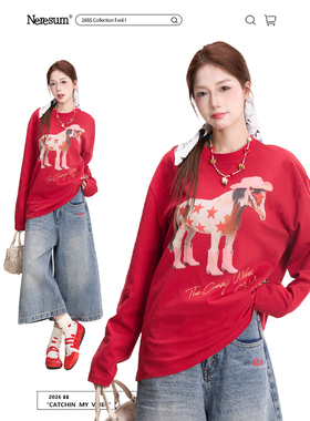 NERESUM趣味小马印花长袖T恤女春季新款潮牌新年穿搭宽松红色上衣