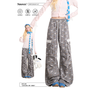 阔腿裤 NERESUM小狗满印格纹工装 美式 女复古褶皱多口袋直筒裤 子 裤