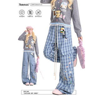 慵懒垂感阔腿长裤 NERESUM卡通印花格子工装 复古直筒裤 女美式 裤