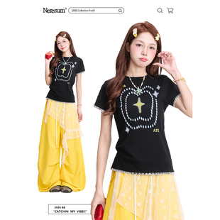 辣妹正肩显瘦百搭圆领上衣 美式 NERESUM创意苹果印花短袖 T恤女夏季