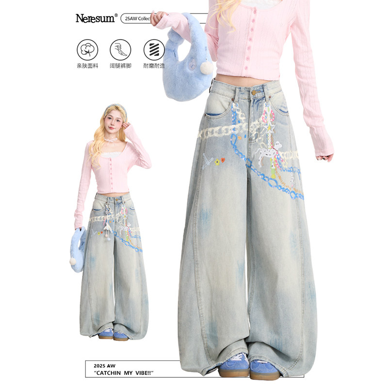 NERESUM手绘链条阔腿牛仔裤女美式高街设计感水洗宽松弯刀裤子,女装/女士精品,牛仔裤,淘宝优惠券,粉丝福利购,淘宝优惠卷
