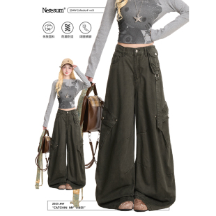 宽松百搭牛仔裤 NERESUM复古工装 潮牌多口袋直筒阔腿裤 女美式 裤