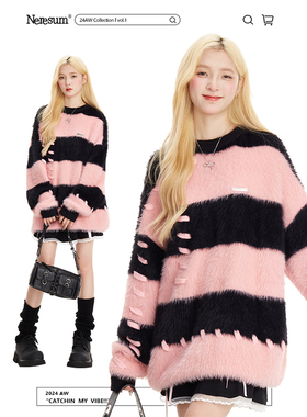 Neresum秋冬条纹圆领毛衣女ins潮牌日系复古慵懒学院风情侣针织衫