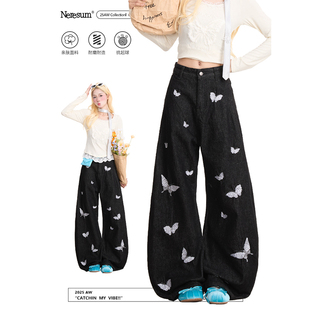 子显瘦阔腿拖地裤 高街水洗裤 女美式 NERESUM蝴蝶刺绣弯刀牛仔裤