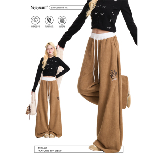 慵懒直筒休闲裤 NERESUM豹纹狗爪灯芯绒卫裤 阔腿裤 美式 女秋冬新款
