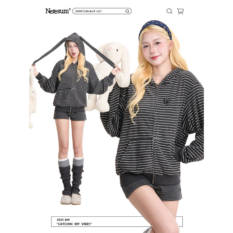 NERESUM条纹兔耳连帽开衫卫衣女美式复古慵懒秋冬设计感休闲外套,女装/女士精品,卫衣/绒衫,淘宝优惠券,粉丝福利购,淘宝优惠卷