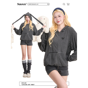 NERESUM条纹兔耳连帽开衫 复古慵懒秋冬设计感休闲外套 卫衣女美式
