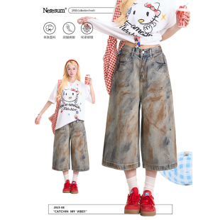 女潮牌设计感街头小众直筒显瘦短裤 NERESUM美式 脏染牛仔七分裤