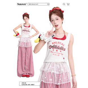 上衣 少女假两件无袖 NERESUM美式 字母印花撞色挂脖吊带背心女夏季