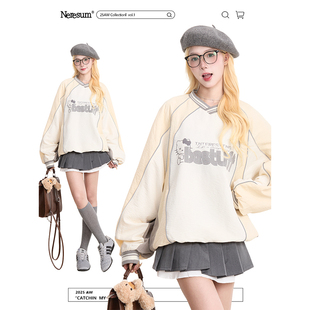 NERESUM运动风Kitty猫印花长袖卫衣女美式撞色秋季速干宽松上衣