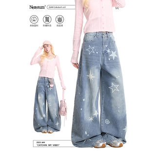 百搭宽松直筒裤 做旧水洗阔腿裤 女美式 NERESUM星星印花复古牛仔裤