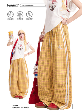 NERESUM复古条纹黄色格子裤女潮牌街头阔腿弯刀裤慵懒宽松休闲裤