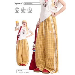 慵懒宽松休闲裤 NERESUM复古条纹黄色格子裤 女潮牌街头阔腿弯刀裤