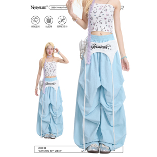 裤 NERESUM多巴胺蓝色裤 设计感阔腿工装 高街褶皱伞兵裤 子女美式