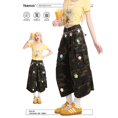 NERESUM花朵刺绣迷彩工装短裤女美式复古褶皱多口袋小众七分裤