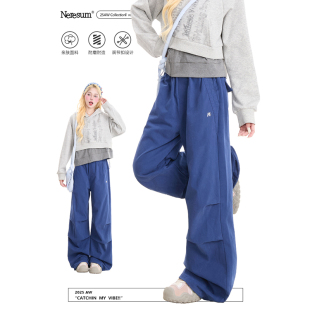 裤 垂感阔腿长裤 女美式 新款 褶皱宽松直筒裤 NERESUM宝蓝色伞兵工装