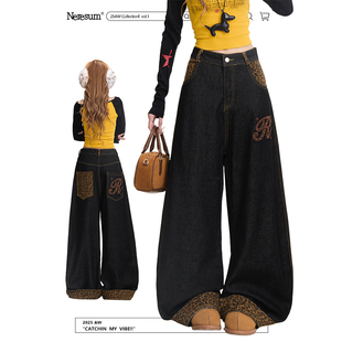 垂感宽松阔腿裤 高街显瘦弯刀裤 女美式 NERESUM复古豹纹拼接牛仔裤