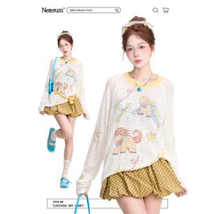 慵懒微透防晒罩衫 NERESUM童趣卡通印花镂空长袖 T恤女2026春夏美式