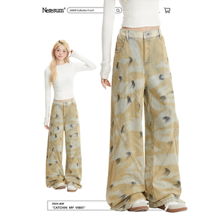 宽松直筒ins潮牌显瘦阔腿裤 女新款 子 废土风涂鸦牛仔裤 NERESUM美式