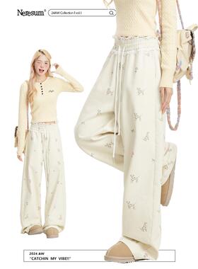 NERESUM奶杏色小狗印花休闲卫裤宽松直筒裤蕾丝拼接垂感显瘦裤子