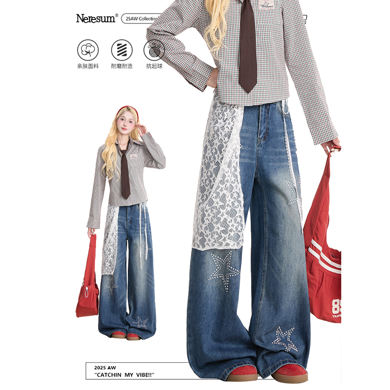 NERESUM星星烫钻直筒牛仔裤