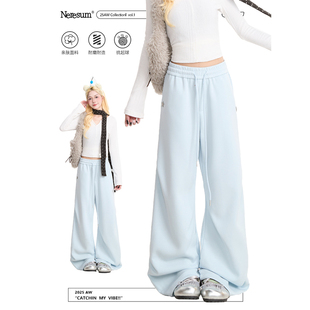 垂感百搭阔腿裤 NERESUM蓝色卫裤 褶皱直筒运动裤 美式 女秋冬新款