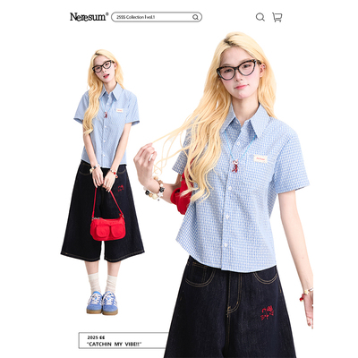 NERESUM甜美格子短款短袖衬衫