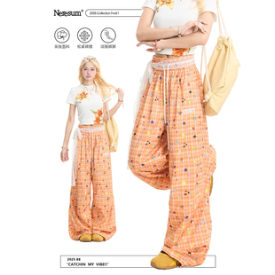 NERESUM多巴胺裤子女彩色星星格纹直筒裤美式褶皱小众阔腿休闲裤