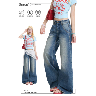 拖地阔腿裤 宽松显瘦美式 子女复古做旧水洗蓝色牛仔裤 NERESUM裤