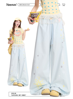 NERESUM欧若风星星工装裤女潮牌直筒阔腿裤春夏宽松运动休闲裤