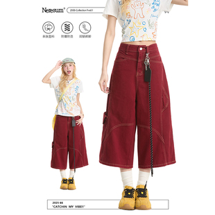 短裤 NERESUM美式 潮牌挂饰直筒显瘦休闲工装 女夏季 复古牛仔七分裤