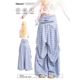 慵懒显瘦休闲裤 女褶皱设计阔腿裤 字母刺绣叠穿格子裤 NERESUM美式