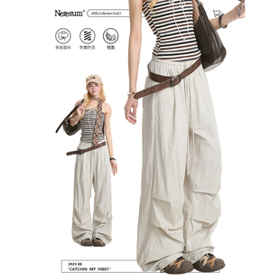 宽松显瘦休闲裤 透气阔腿直筒裤 子 女美式 NERESUM潮牌褶皱伞兵裤