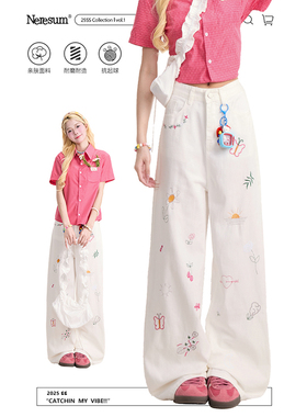 NERESUM涂鸦刺绣白色裤子女美式潮牌直筒休闲裤简约百搭阔腿裤