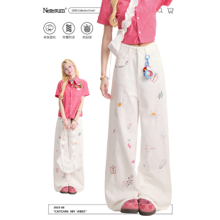 简约百搭阔腿裤 潮牌直筒休闲裤 子女美式 NERESUM涂鸦刺绣白色裤