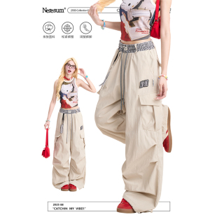 多口袋百搭直筒裤 NERESUM工装 美式 女潮牌复古褶皱休闲阔腿裤 子 裤