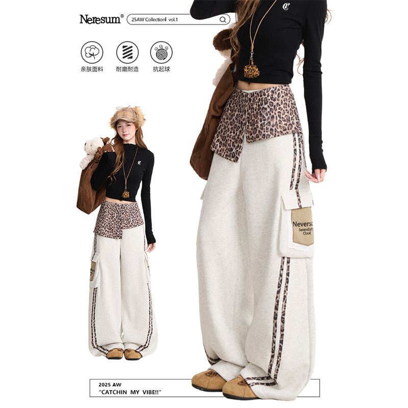NERESUM豹纹条纹拼接卫裤女美式复古工装裤冬季加绒直筒阔腿裤,女装/女士精品,卫裤,淘宝优惠券,粉丝福利购,淘宝优惠卷