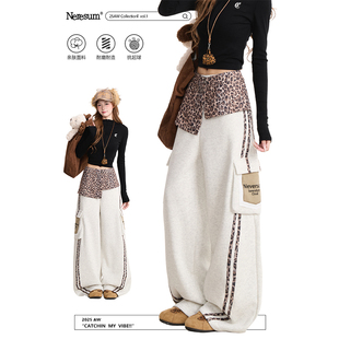 女美式 加绒直筒阔腿裤 复古工装 冬季 裤 NERESUM豹纹条纹拼接卫裤